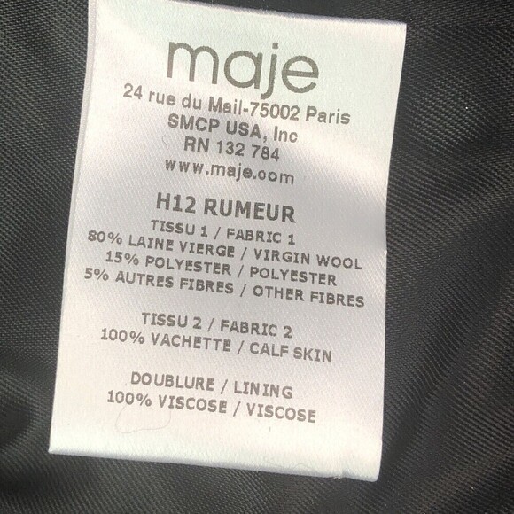 Maje Moto Jacket size 2 Leather Sleeve Silver Metallic Black Remeur Wool tweed - Picture 9 of 10